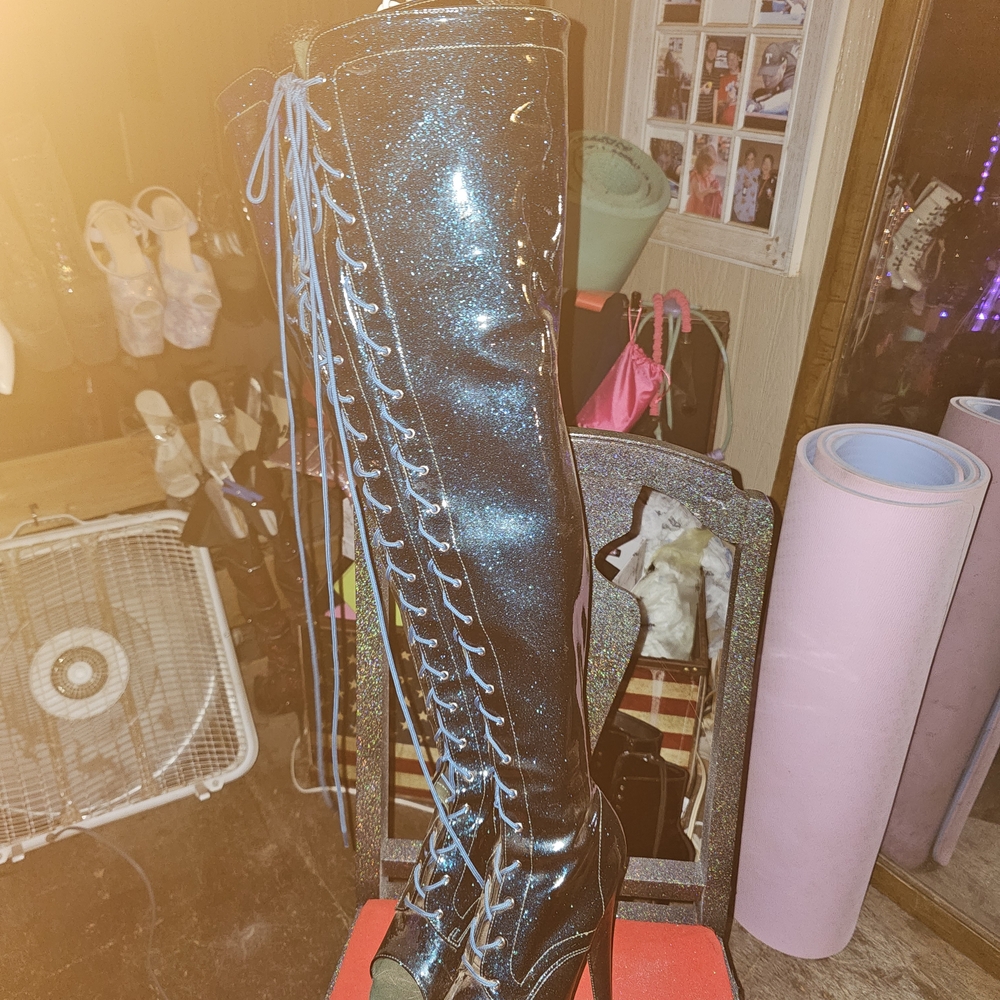 *Not For Sale* Pleaser Teal Glitter Over the Knee Boots